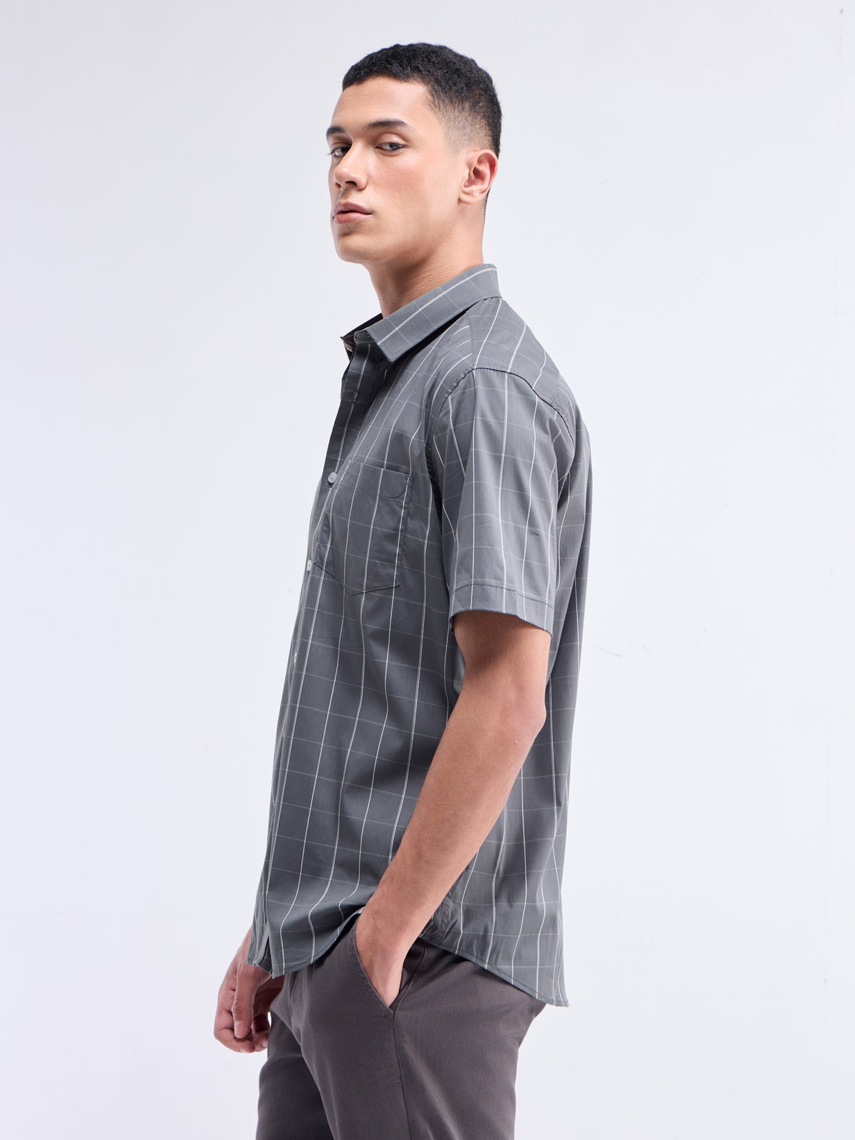 Grey check Regular Fit Shirt - Grey t4option_0