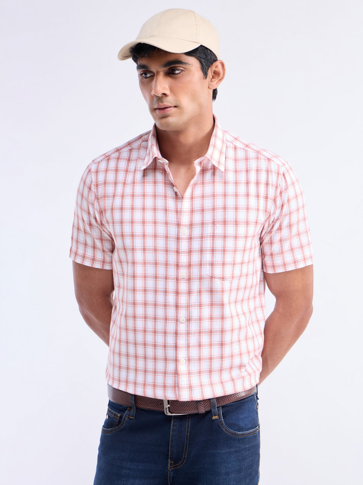 check Slim Fit Shirt - Peach t4option_1