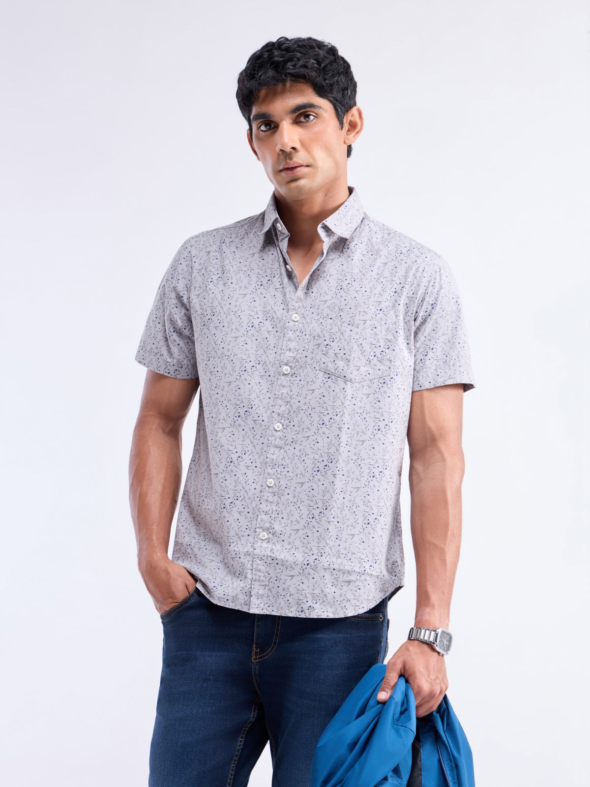 Grey Printed Slim Fit Shirt - Grey t4option_0