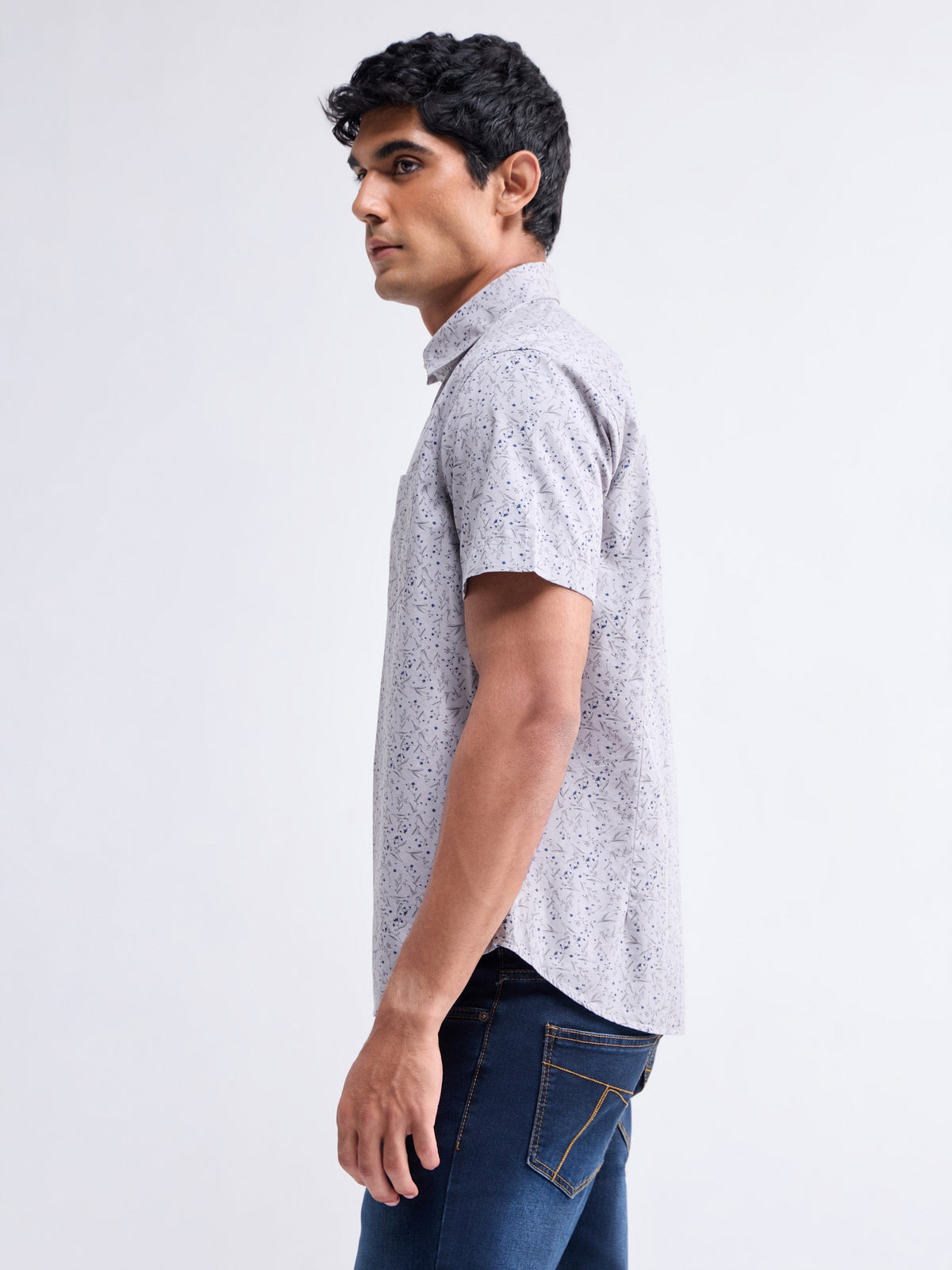Grey Printed Slim Fit Shirt - Grey t4option_0