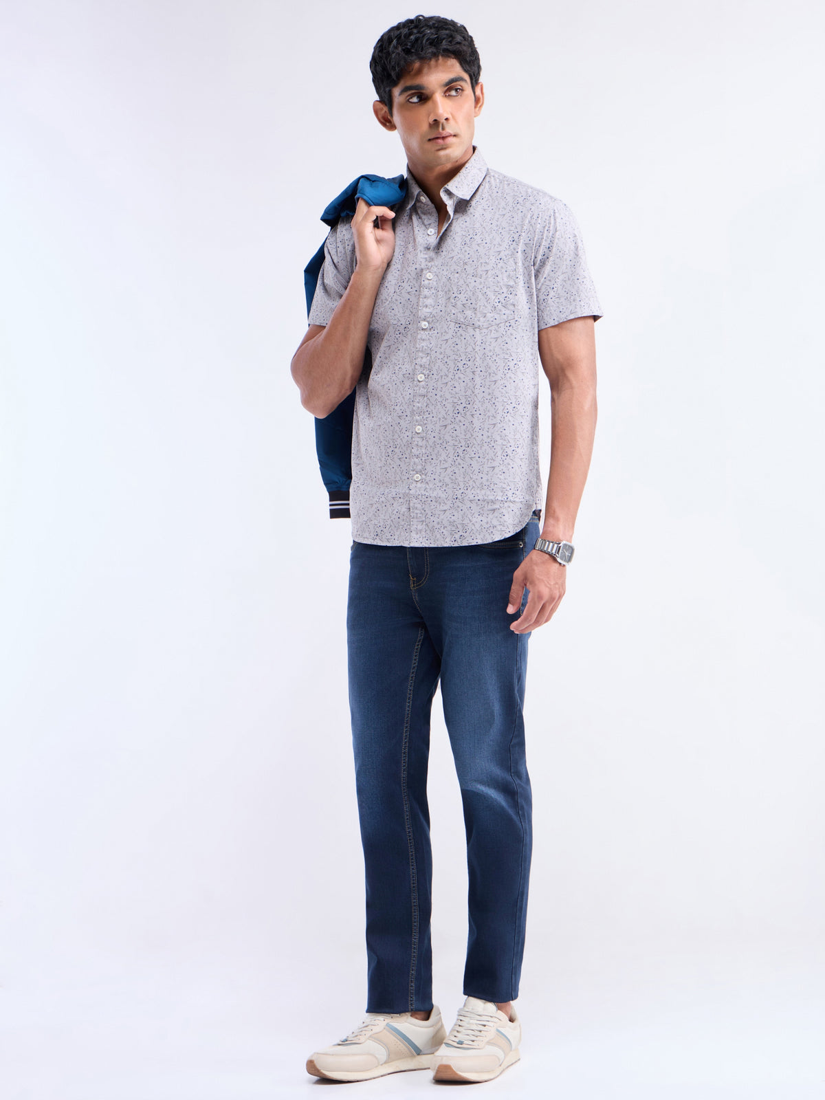 Grey Printed Slim Fit Shirt - Grey t4option_0