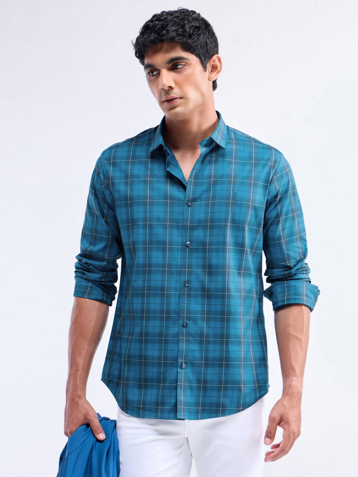 Teal check Regular Fit Shirt - Teal t4option_0