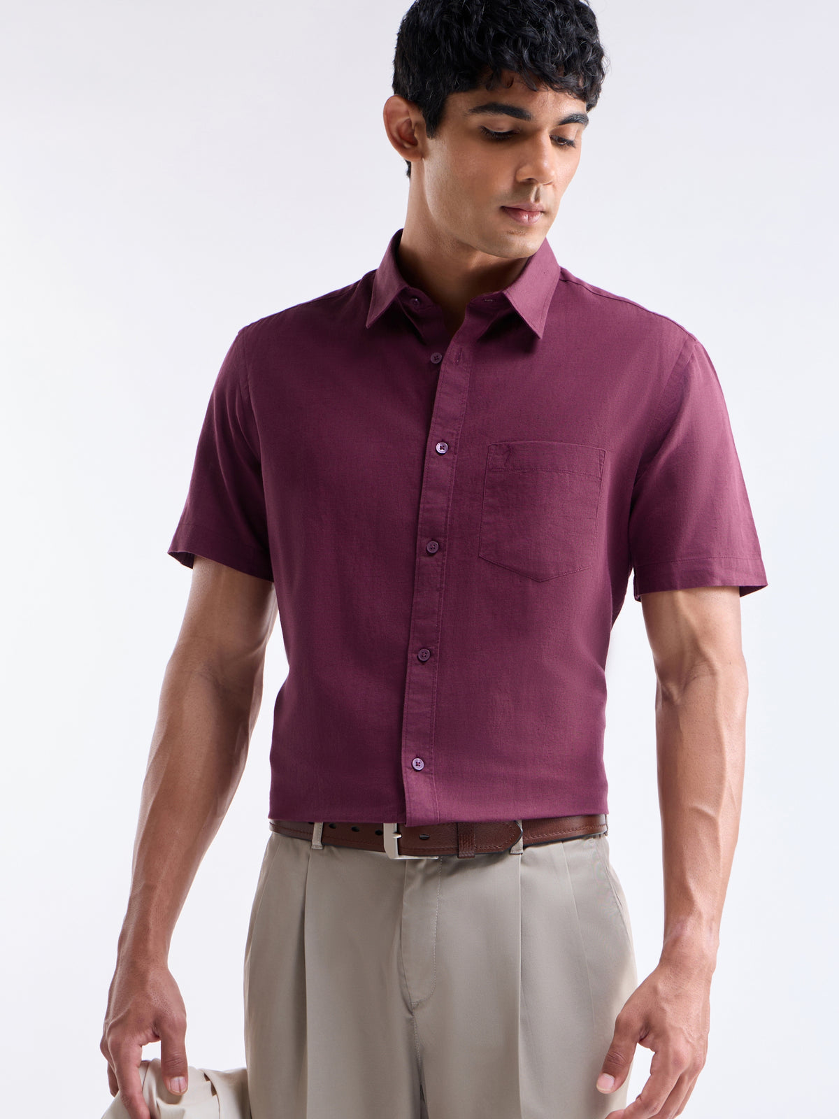 Solid Regular Fit Shirt - Burgundy t4option_1
