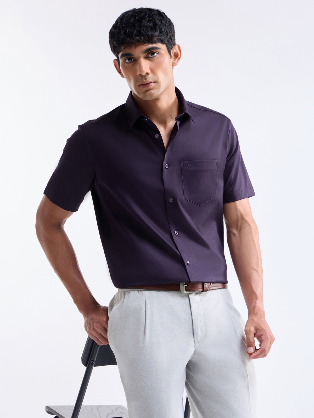 Solid Half Sleeve Cotton Stretch Shirt - Plum t4option_4