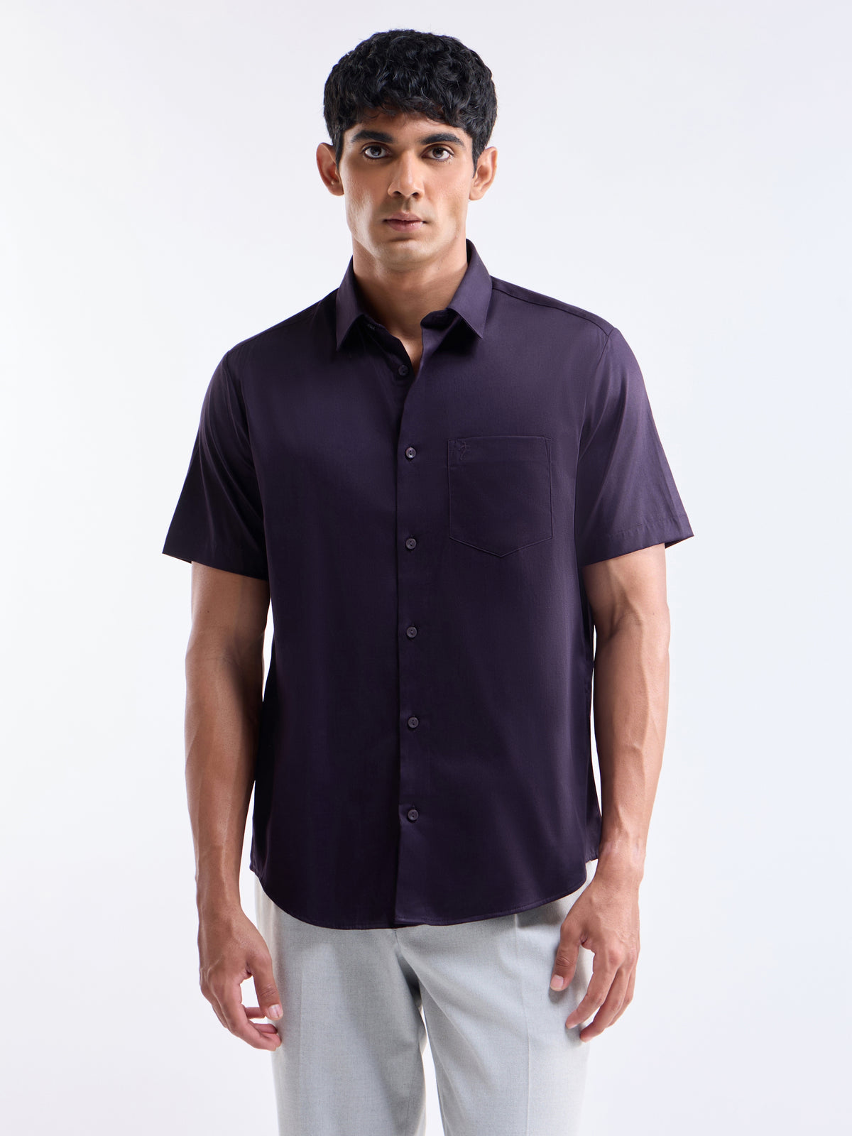 Solid Half Sleeve Cotton Stretch Shirt - Plum t4option_4