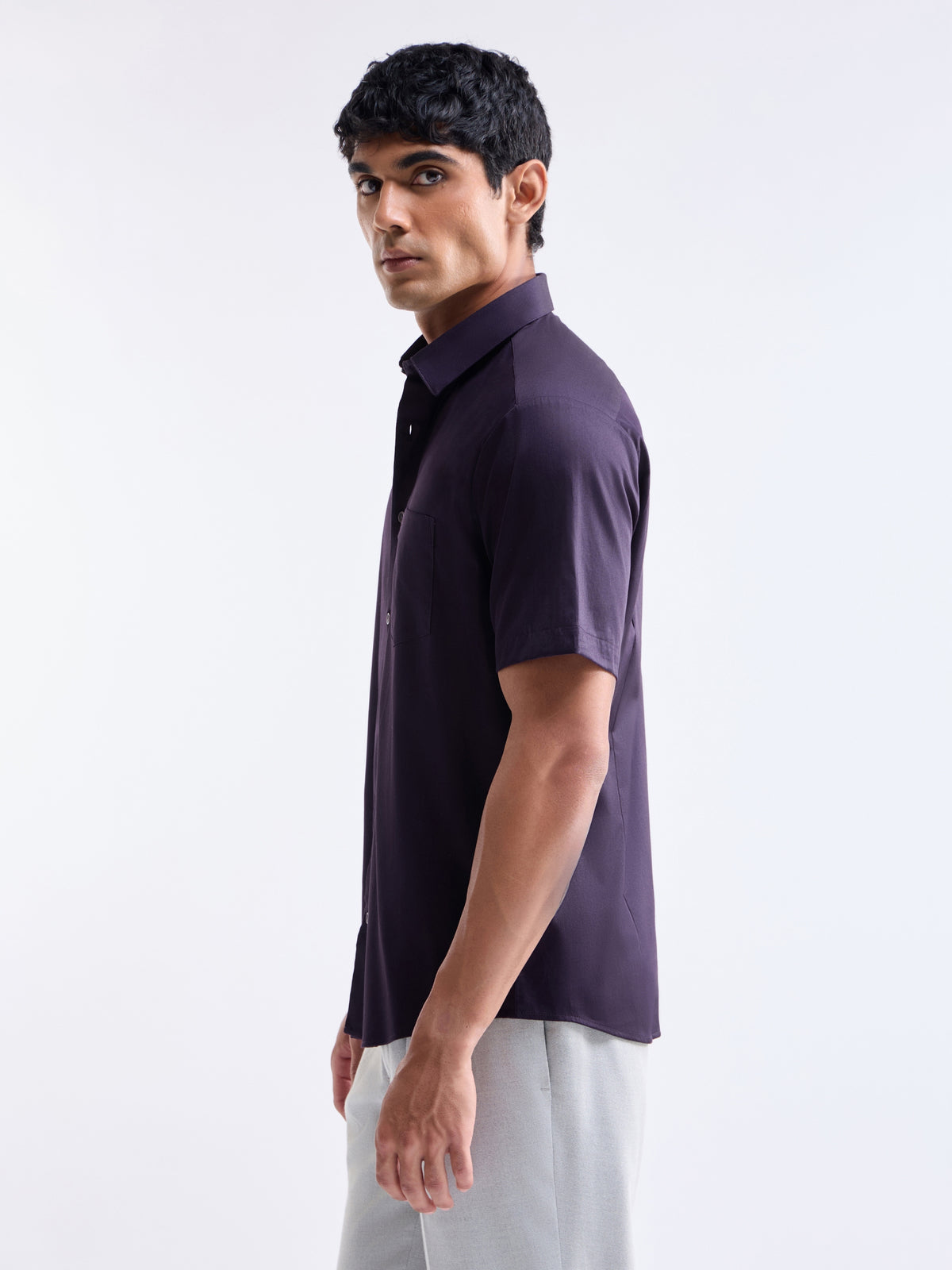 Solid Half Sleeve Cotton Stretch Shirt - Plum t4option_4