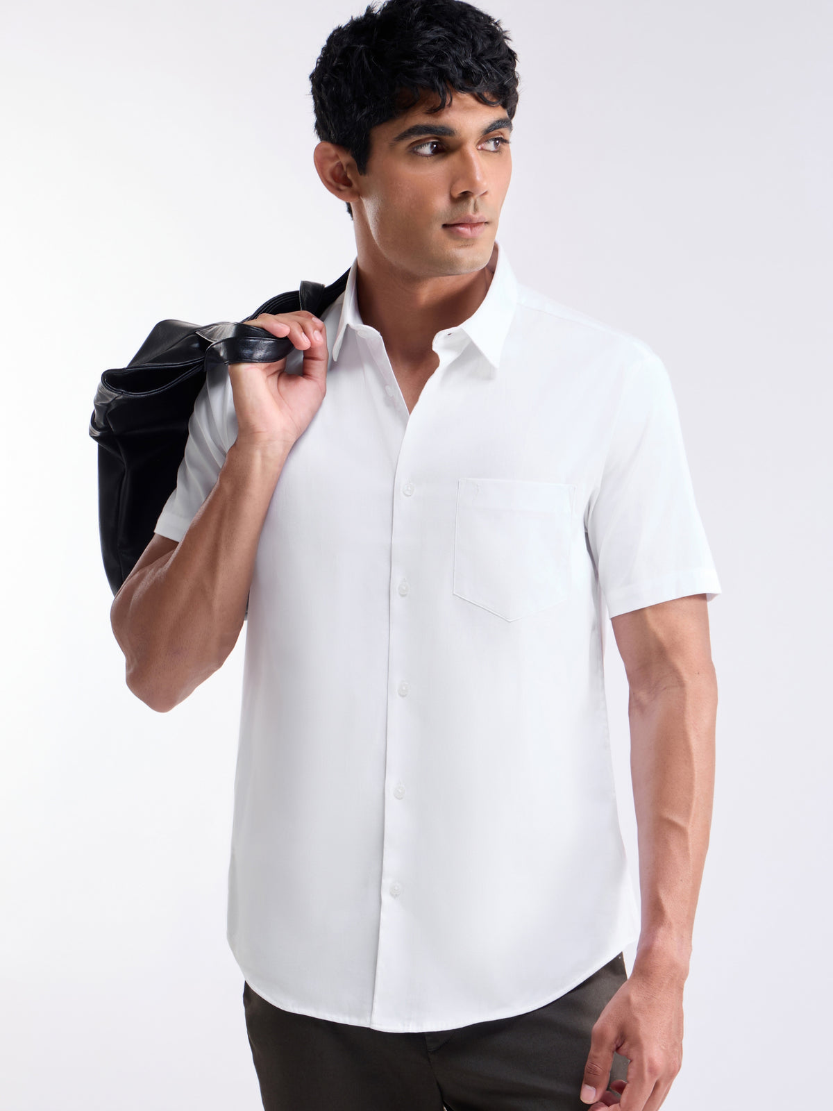 Solid Half Sleeve Cotton Stretch Shirt - White t4option_5