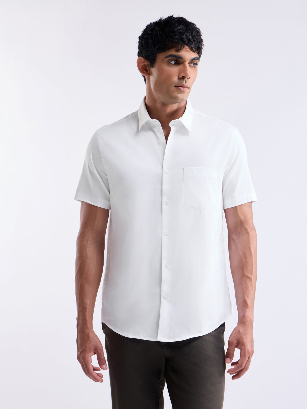 Solid Half Sleeve Cotton Stretch Shirt - White t4option_5