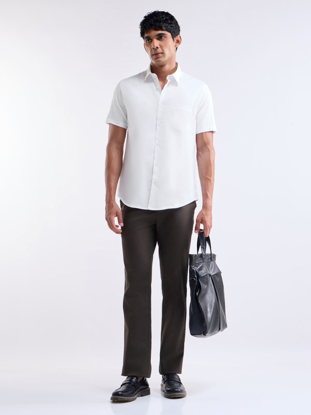 Solid Half Sleeve Cotton Stretch Shirt - White t4option_5