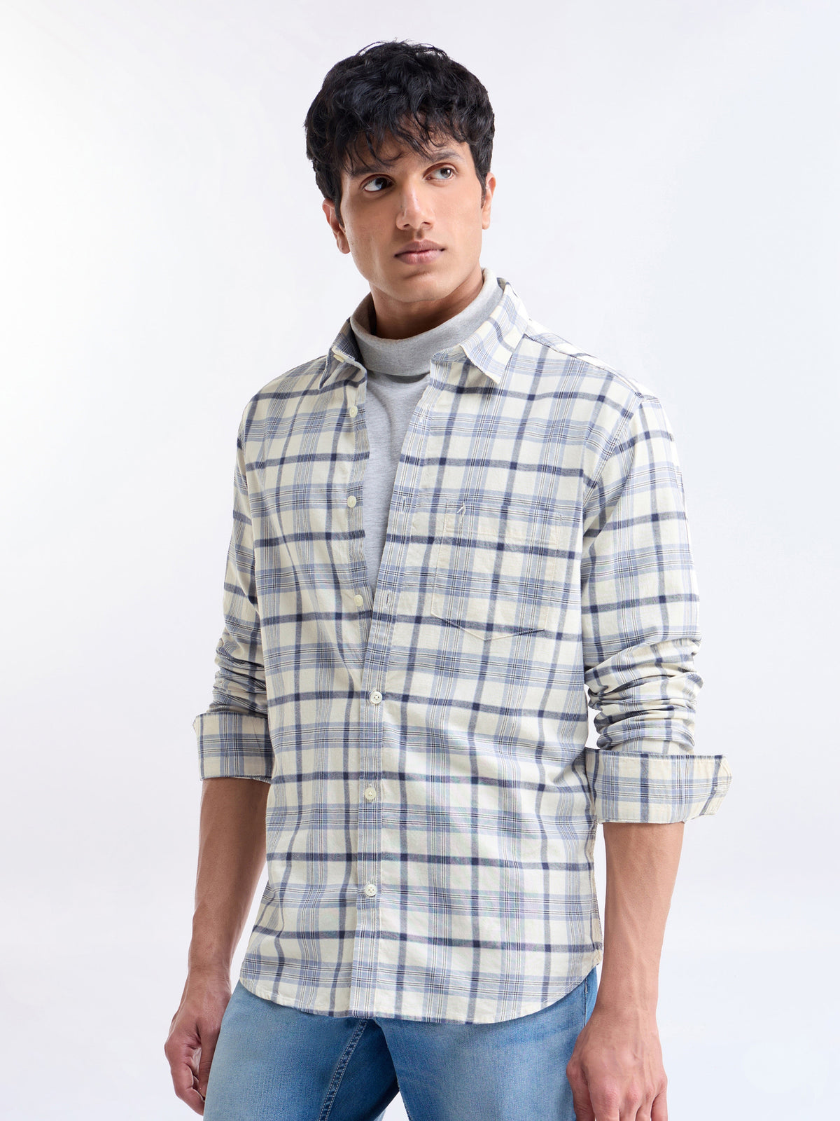 Check Full Sleeve Cotton Shirt - Sky mel t4option_0