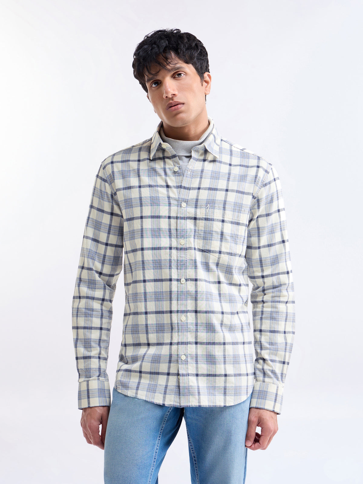 Check Full Sleeve Cotton Shirt - Sky mel t4option_0