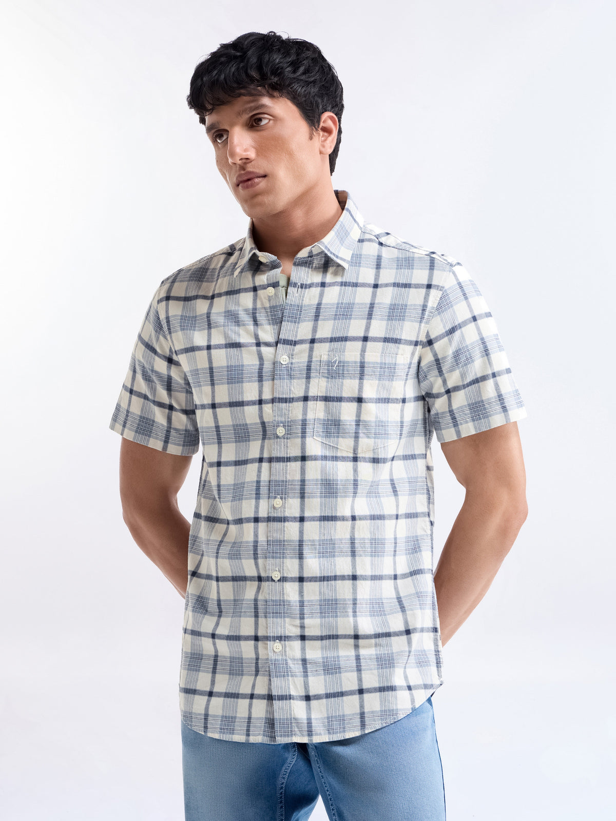 Check Half Sleeve Cotton Shirt - Sky mel t4option_0