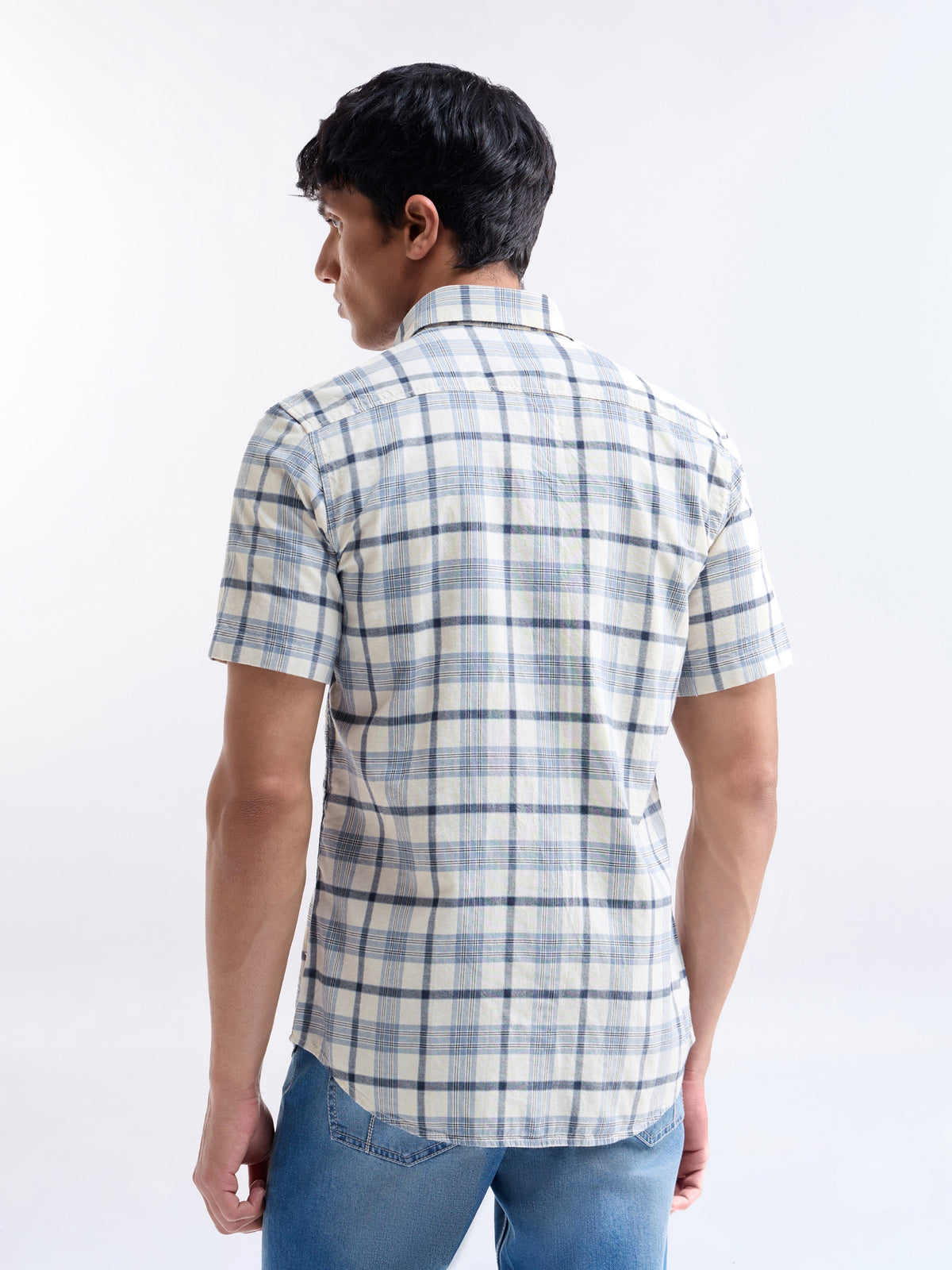 Check Half Sleeve Cotton Shirt - Sky mel t4option_0