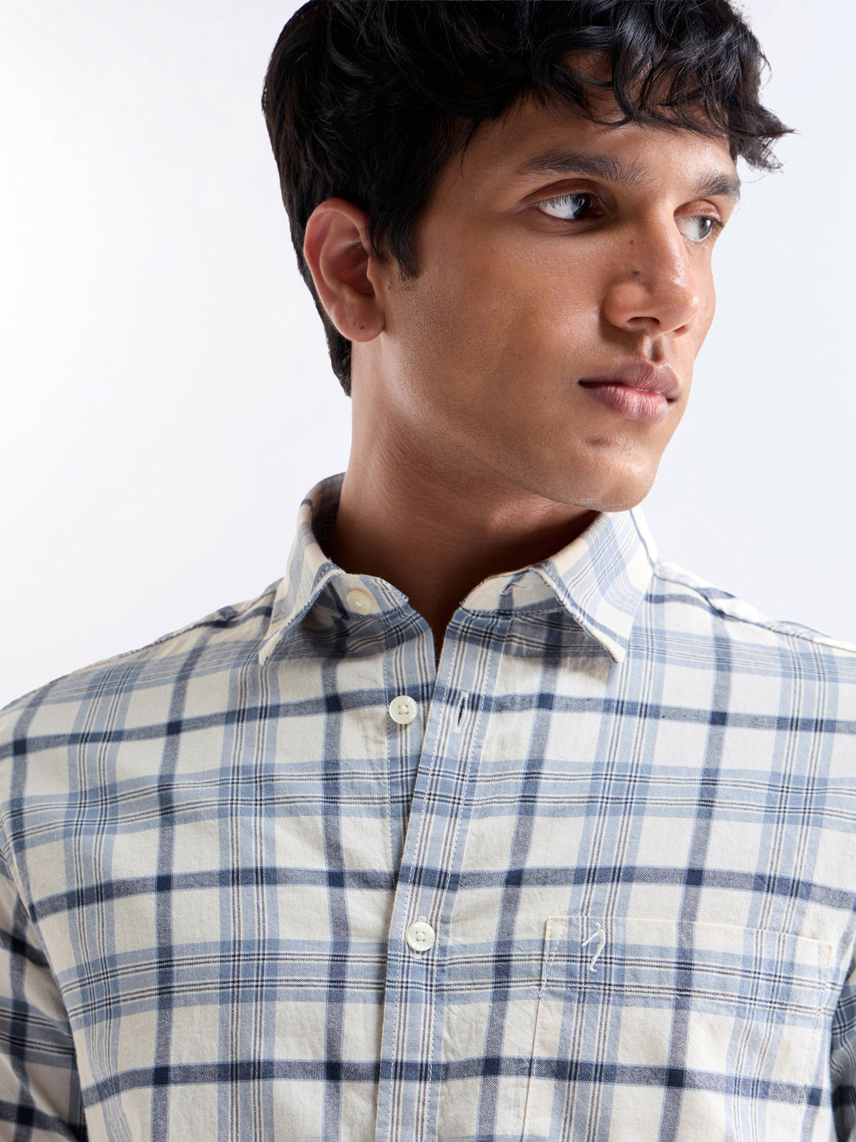 Check Half Sleeve Cotton Shirt - Sky mel t4option_0