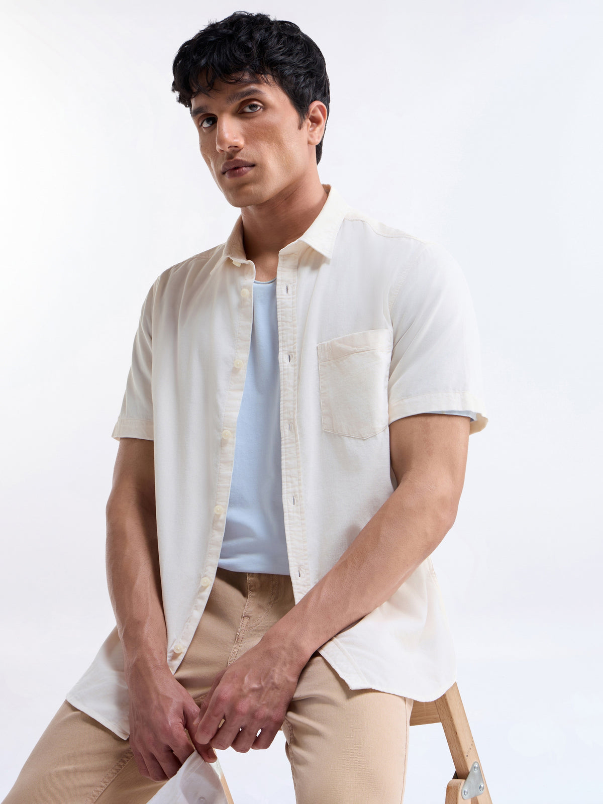 Solid Regular Fit Shirt - Ecru t4option_3