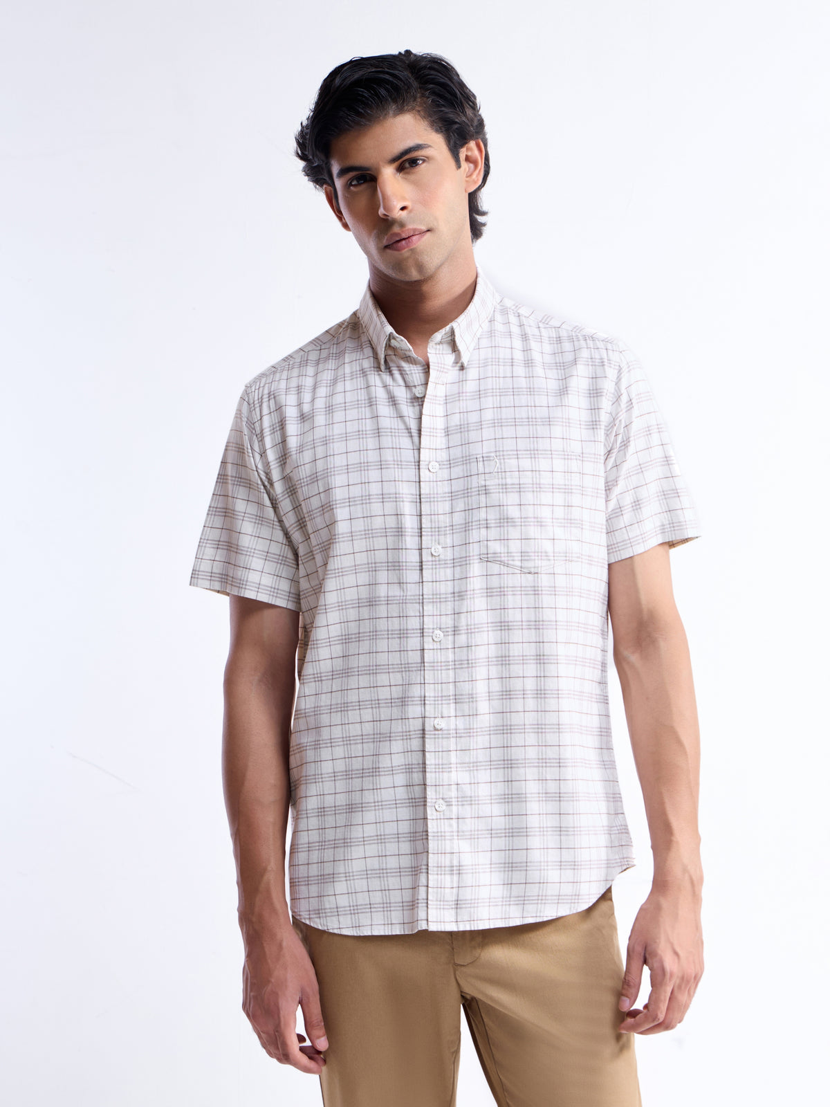 Ecru Melange check Regular Fit Shirt - Ecru Mel t4option_0