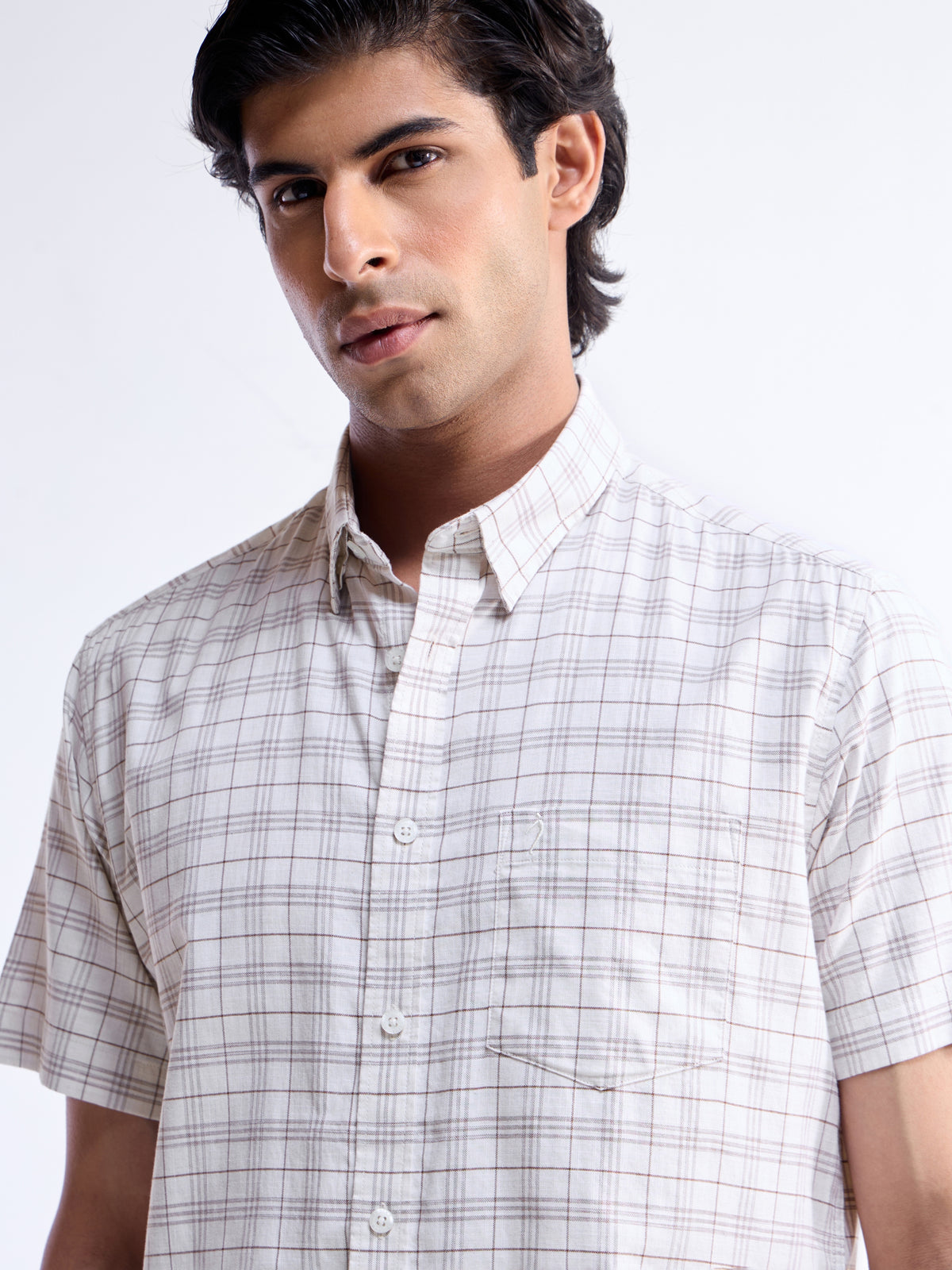 Ecru Melange check Regular Fit Shirt - Ecru Mel t4option_0
