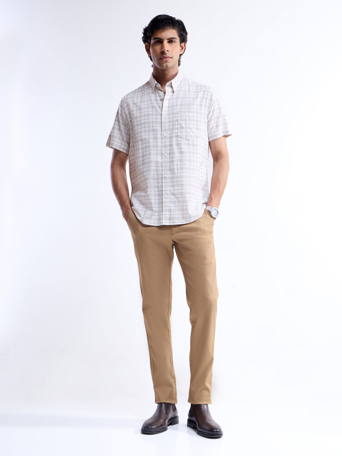 Ecru Melange check Regular Fit Shirt - Ecru Mel t4option_0