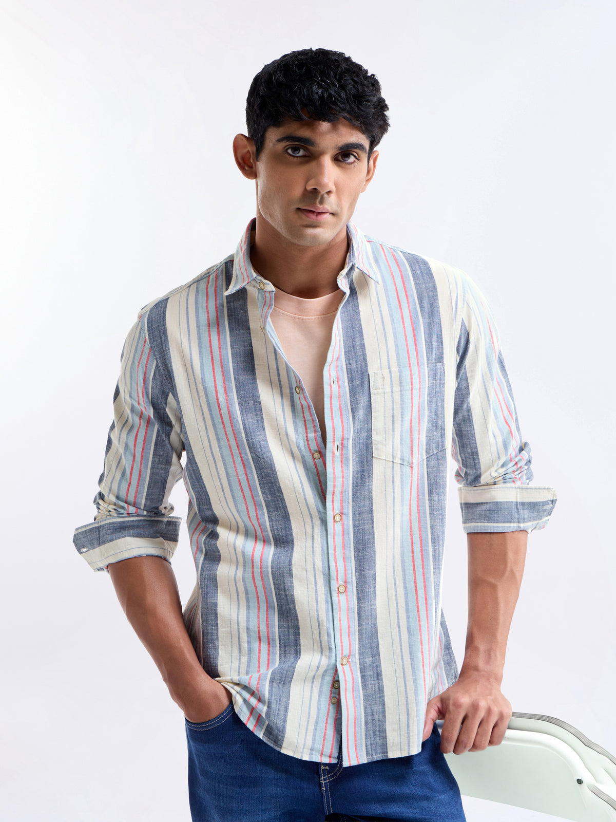 Ecru Striped Regular Fit Shirt - Ecru t4option_0