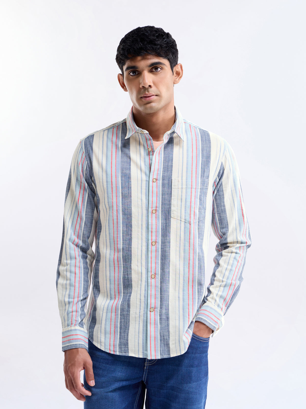 Ecru Striped Regular Fit Shirt - Ecru t4option_0