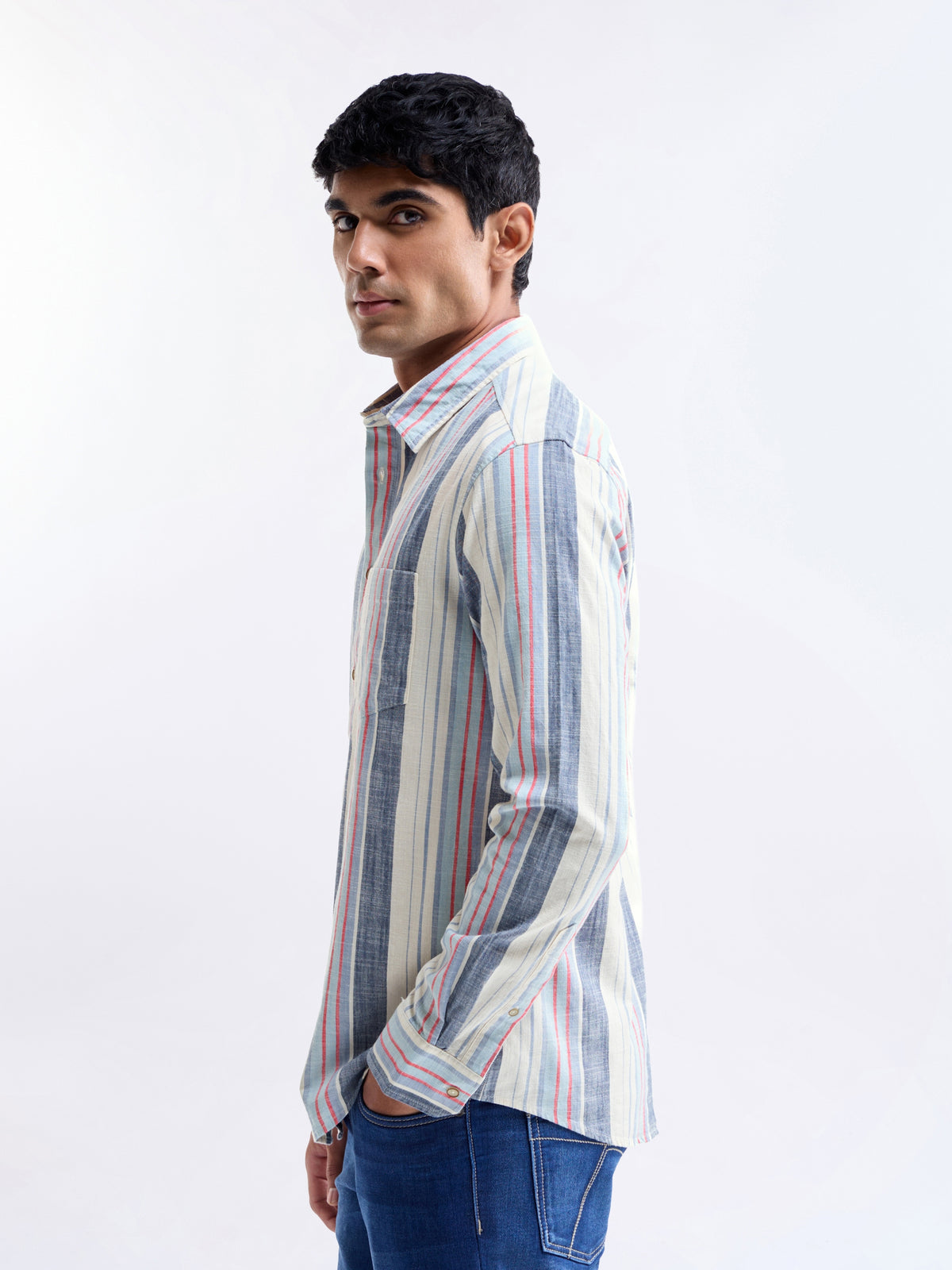 Ecru Striped Regular Fit Shirt - Ecru t4option_0