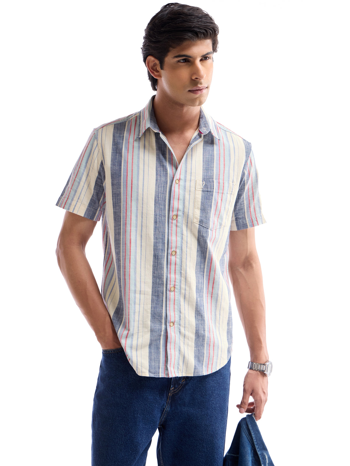 Ecru Striped Regular Fit Shirt - Ecru t4option_0