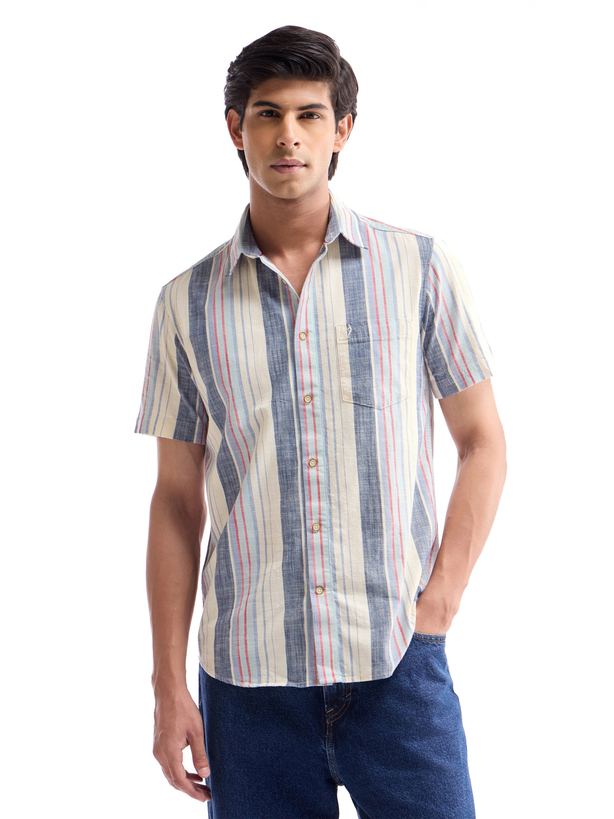 Ecru Striped Regular Fit Shirt - Ecru t4option_0