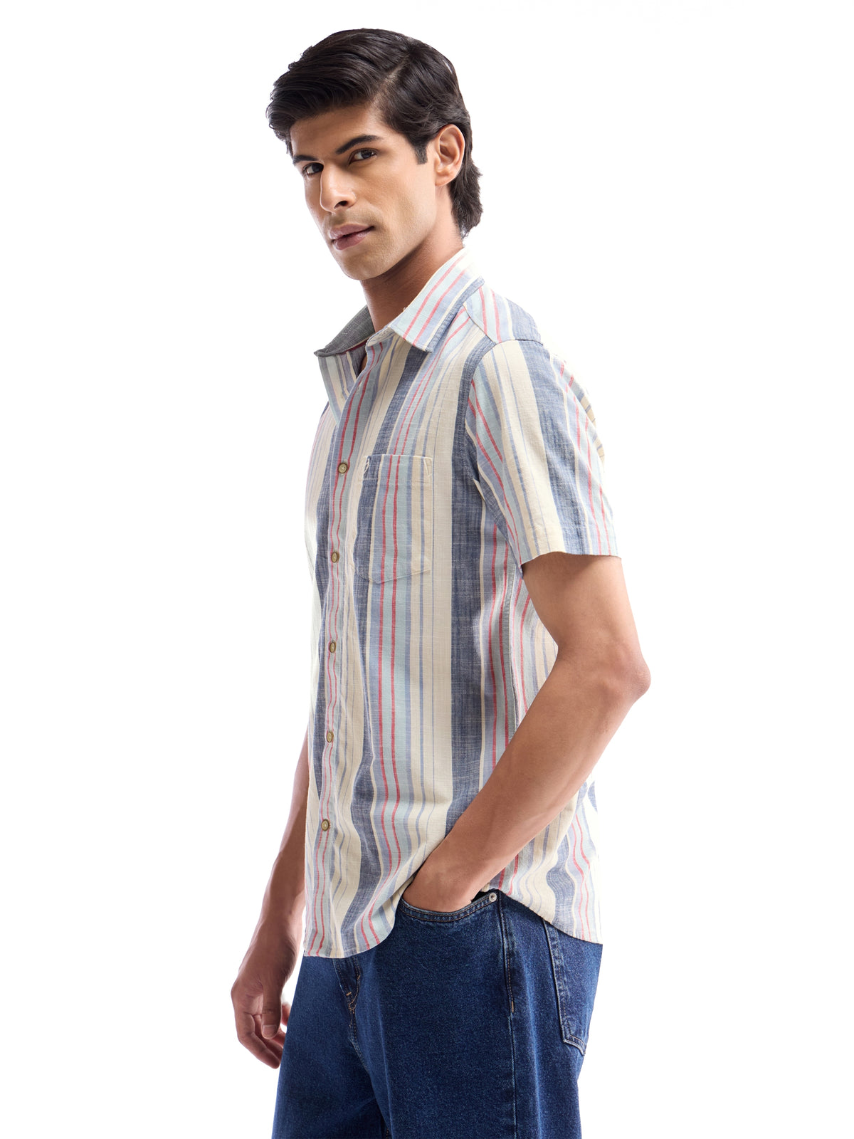 Ecru Striped Regular Fit Shirt - Ecru t4option_0