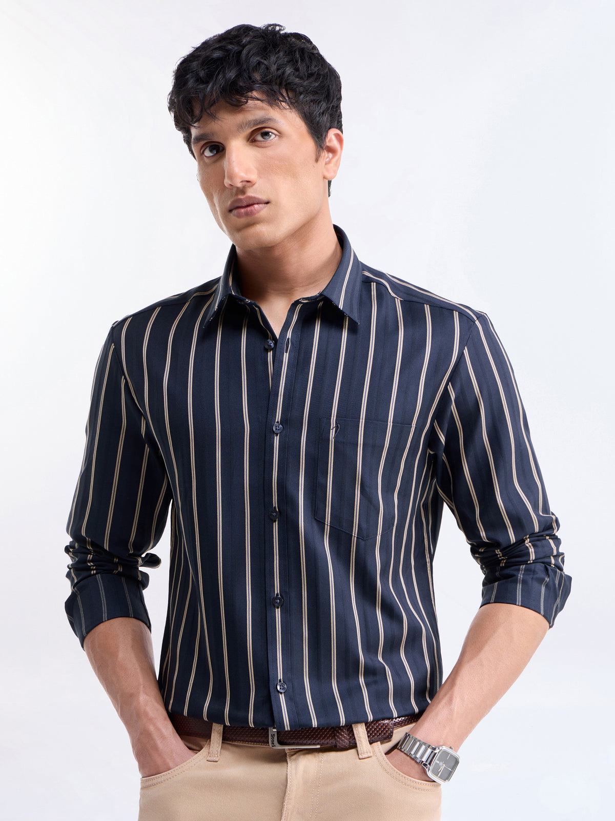Striped Regular Fit Shirt - Navy t4option_1