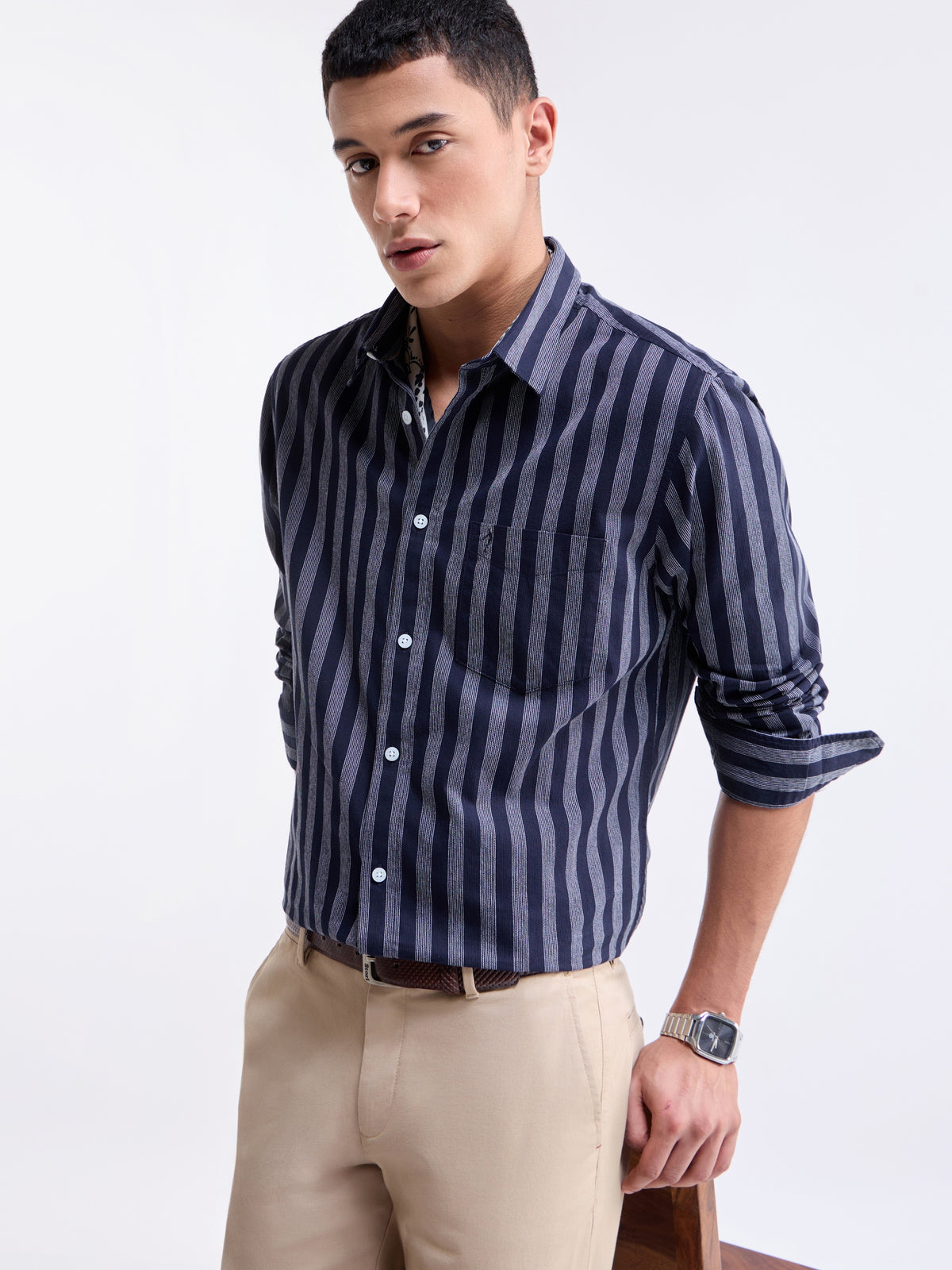 Navy Striped Regular Fit Shirt - Navy t4option_0
