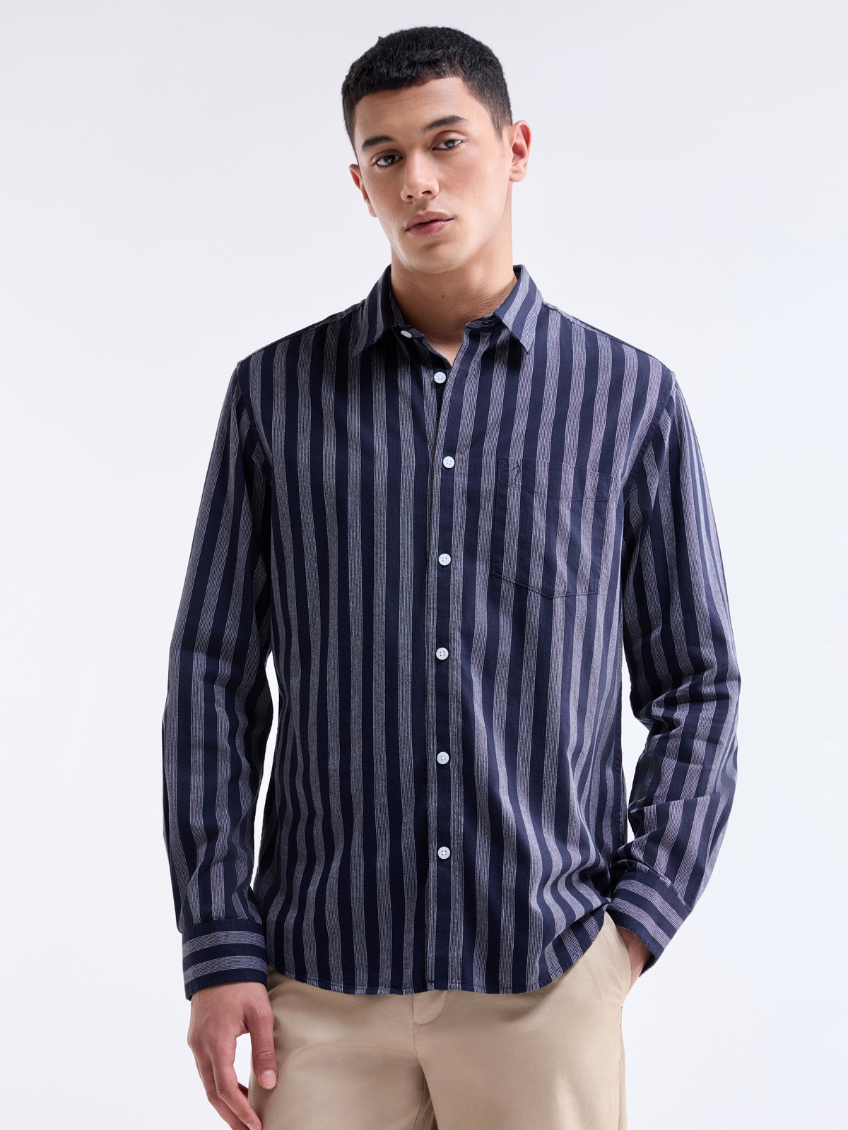 Navy Striped Regular Fit Shirt - Navy t4option_0