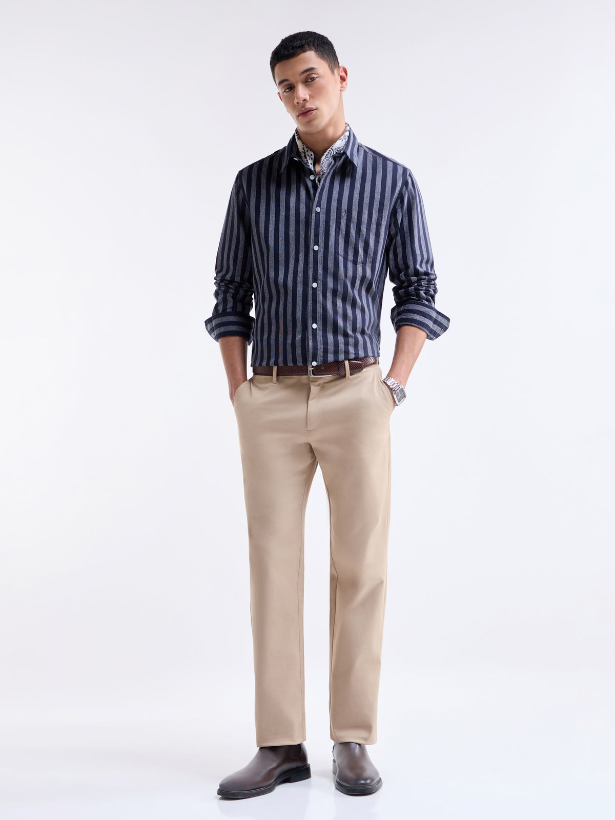 Navy Striped Regular Fit Shirt - Navy t4option_0