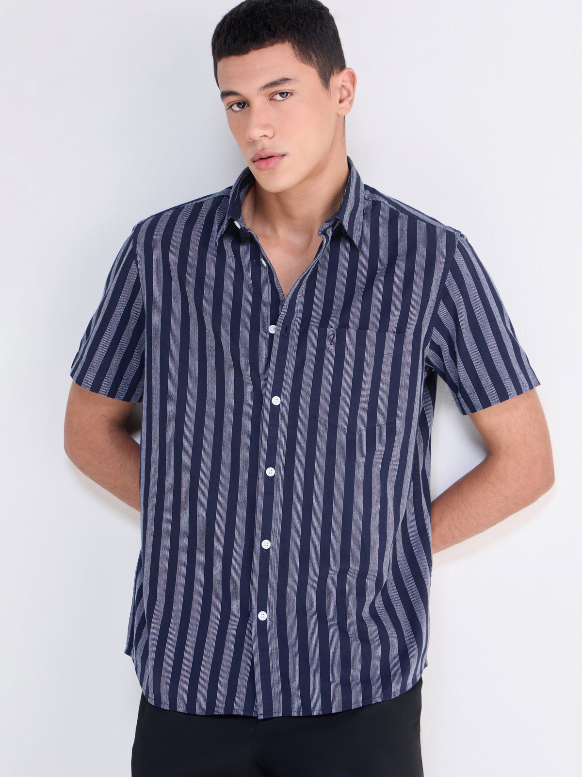 Navy Striped Regular Fit Shirt - Navy t4option_0