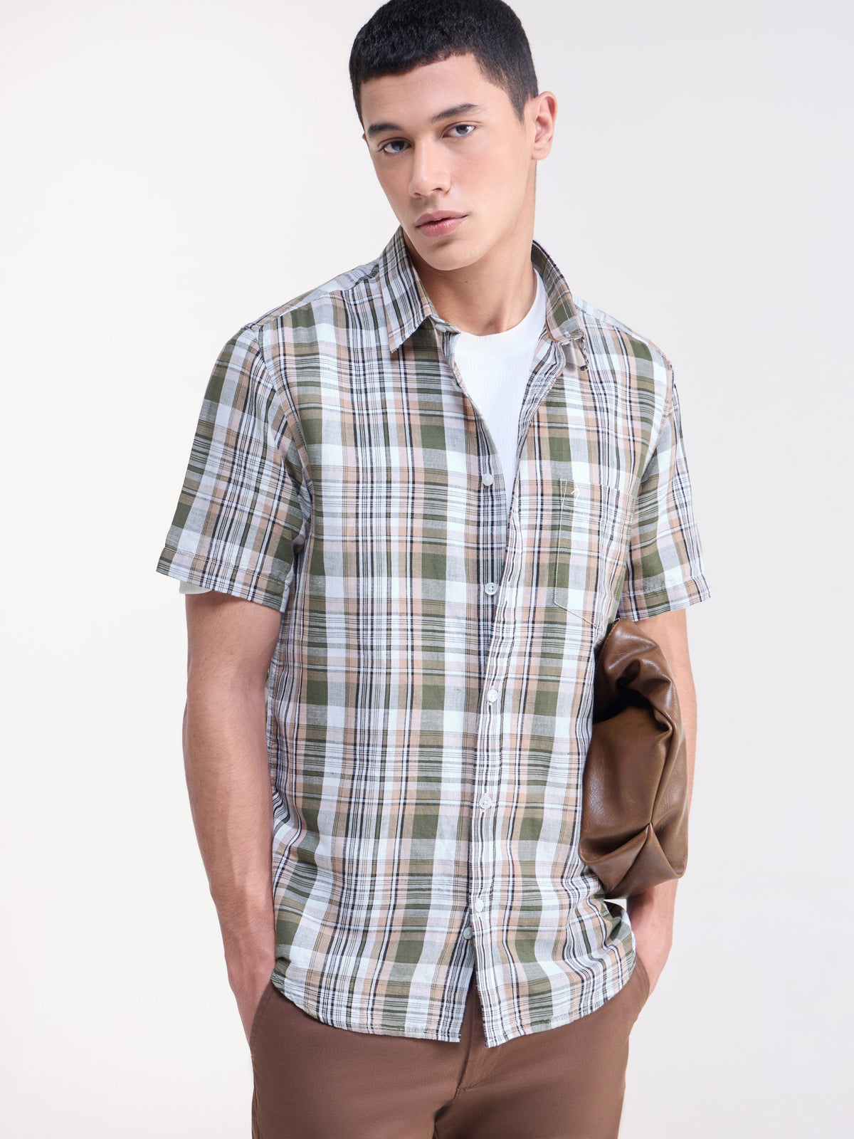 Olive check Regular Fit Shirt - Olive t4option_0