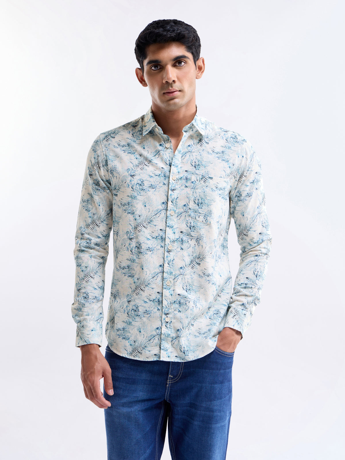 Ecru Printed Regular Fit Shirt - Ecru t4option_0