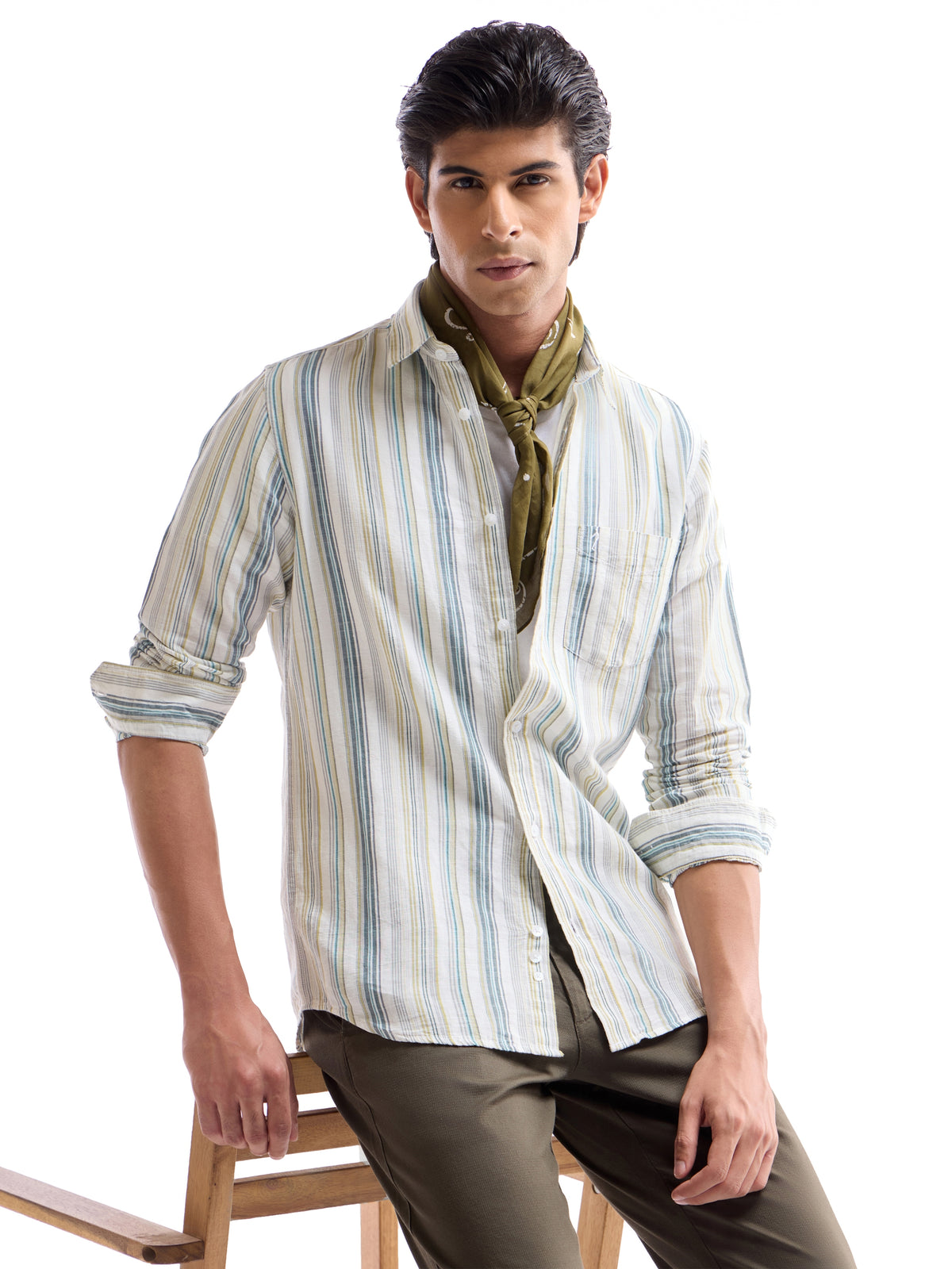 White Striped Regular Fit Shirt - White t4option_0