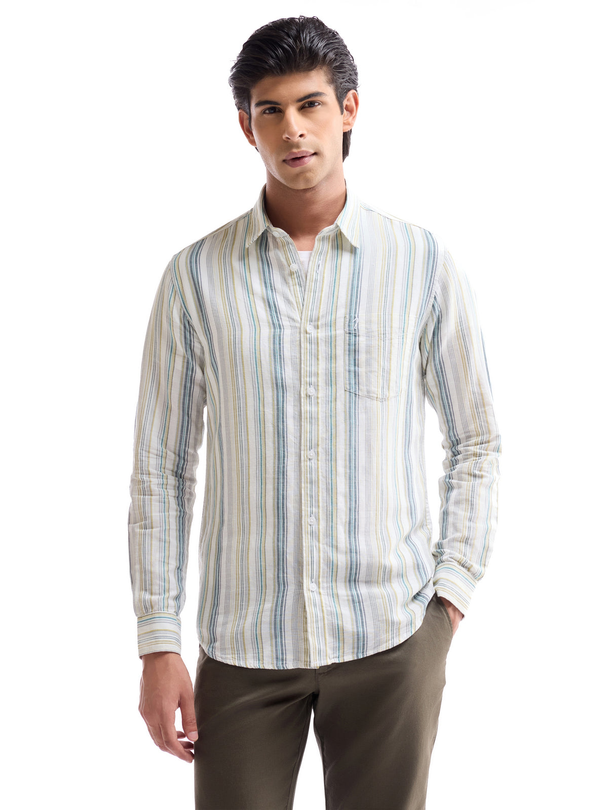 White Striped Regular Fit Shirt - White t4option_0