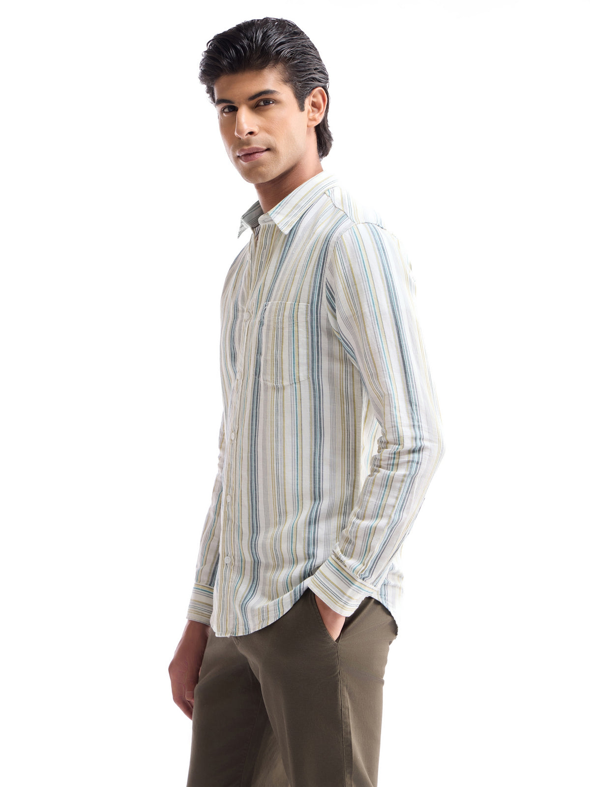 White Striped Regular Fit Shirt - White t4option_0