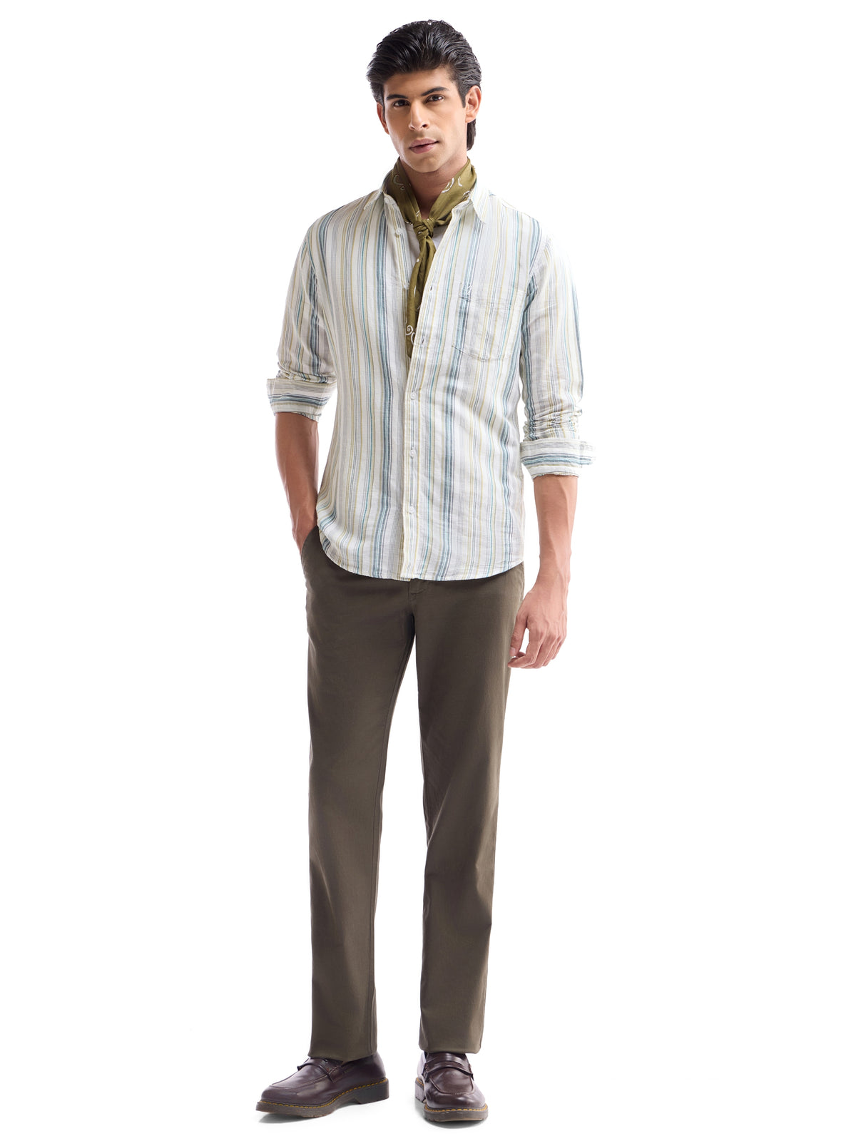 White Striped Regular Fit Shirt - White t4option_0