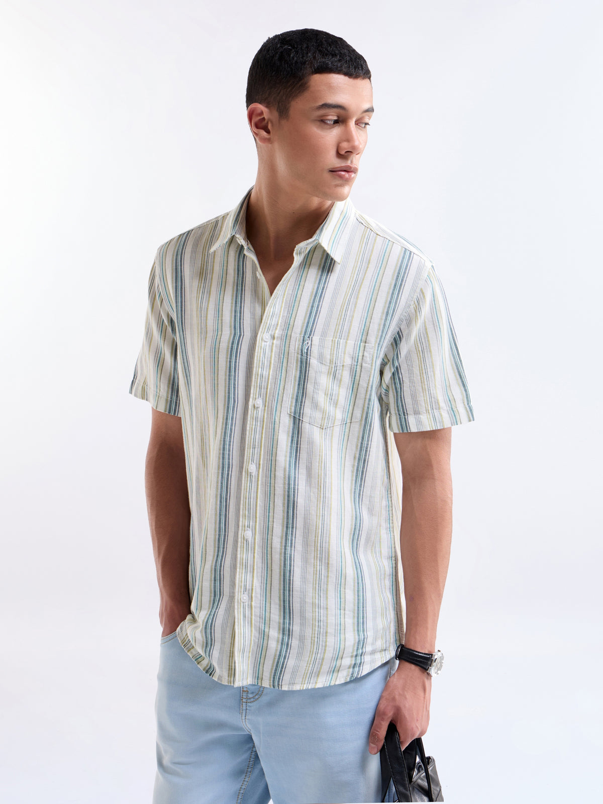 White Striped Regular Fit Shirt - White t4option_0