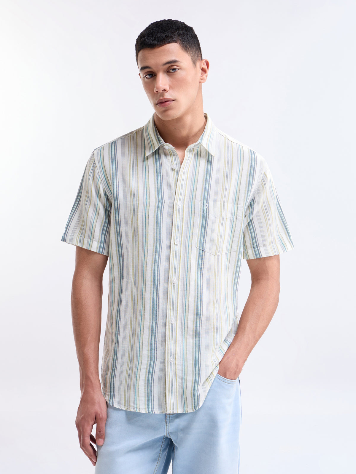 White Striped Regular Fit Shirt - White t4option_0