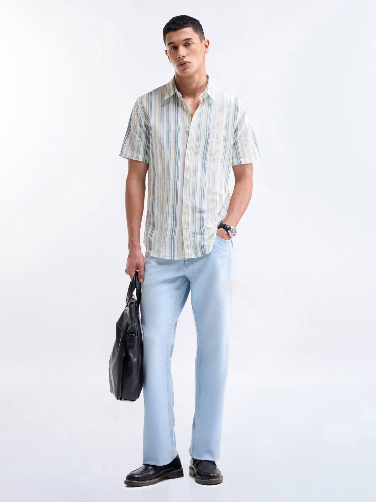 White Striped Regular Fit Shirt - White t4option_0