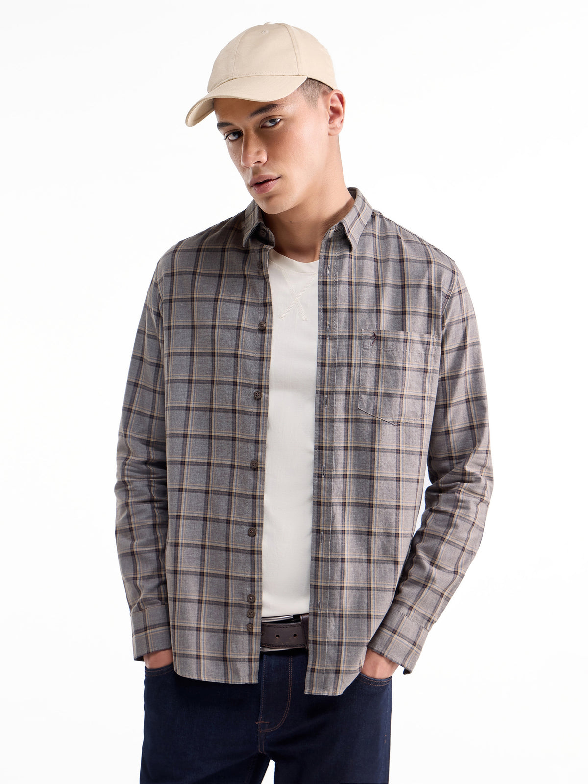 Check Full Sleeve Cotton Shirt - Lt Brown M t4option_0