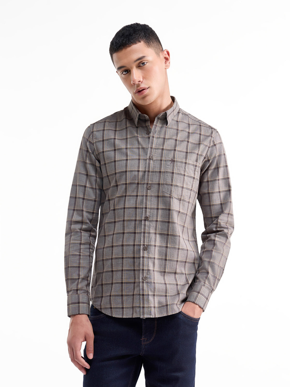 Check Full Sleeve Cotton Shirt - Lt Brown M t4option_0