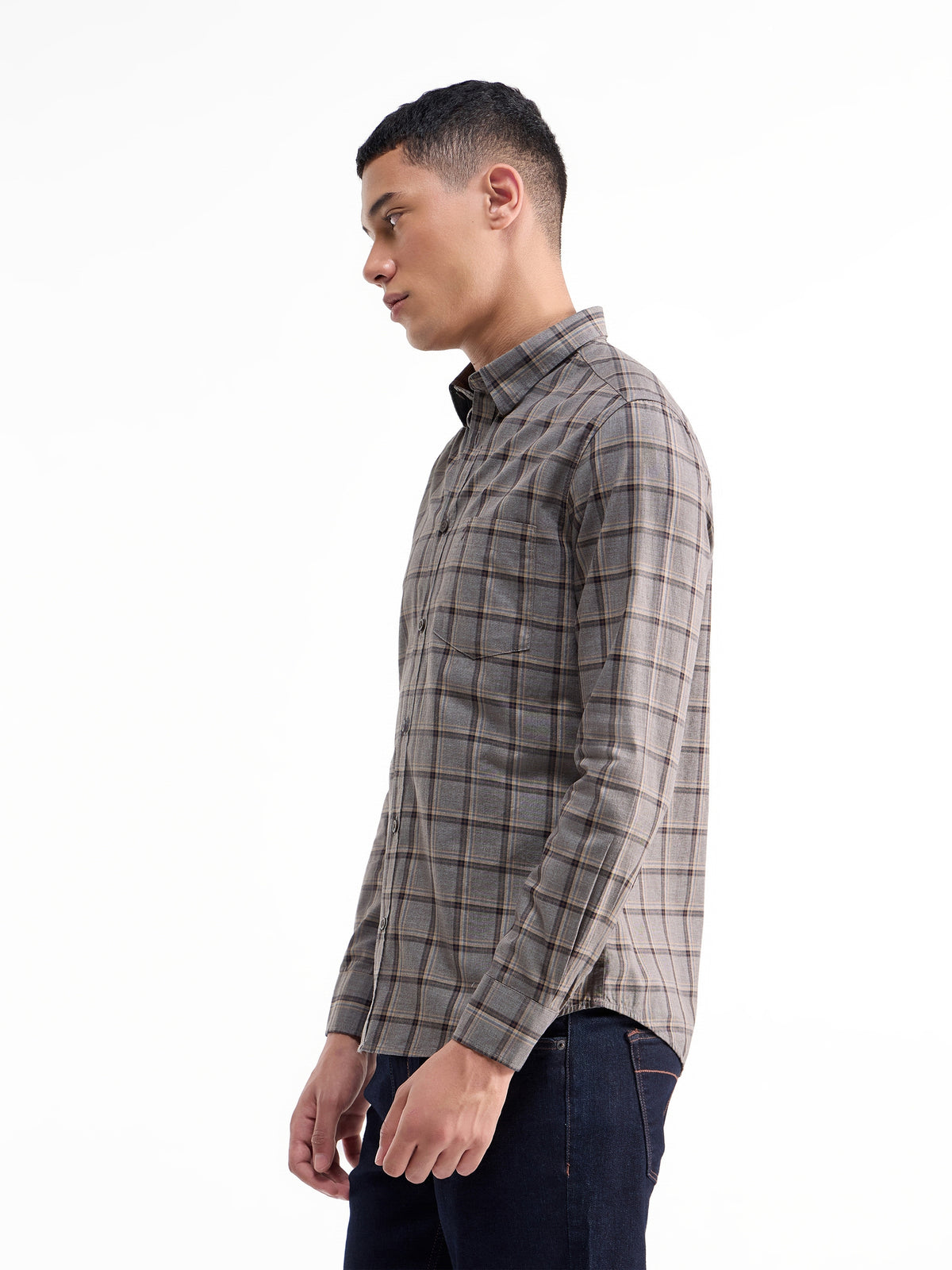 Check Full Sleeve Cotton Shirt - Lt Brown M t4option_0