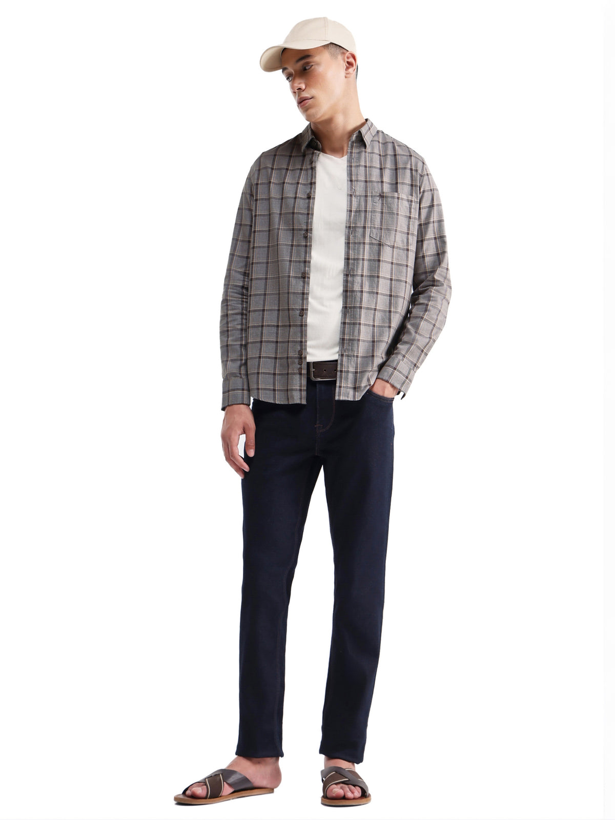 Check Full Sleeve Cotton Shirt - Lt Brown M t4option_0