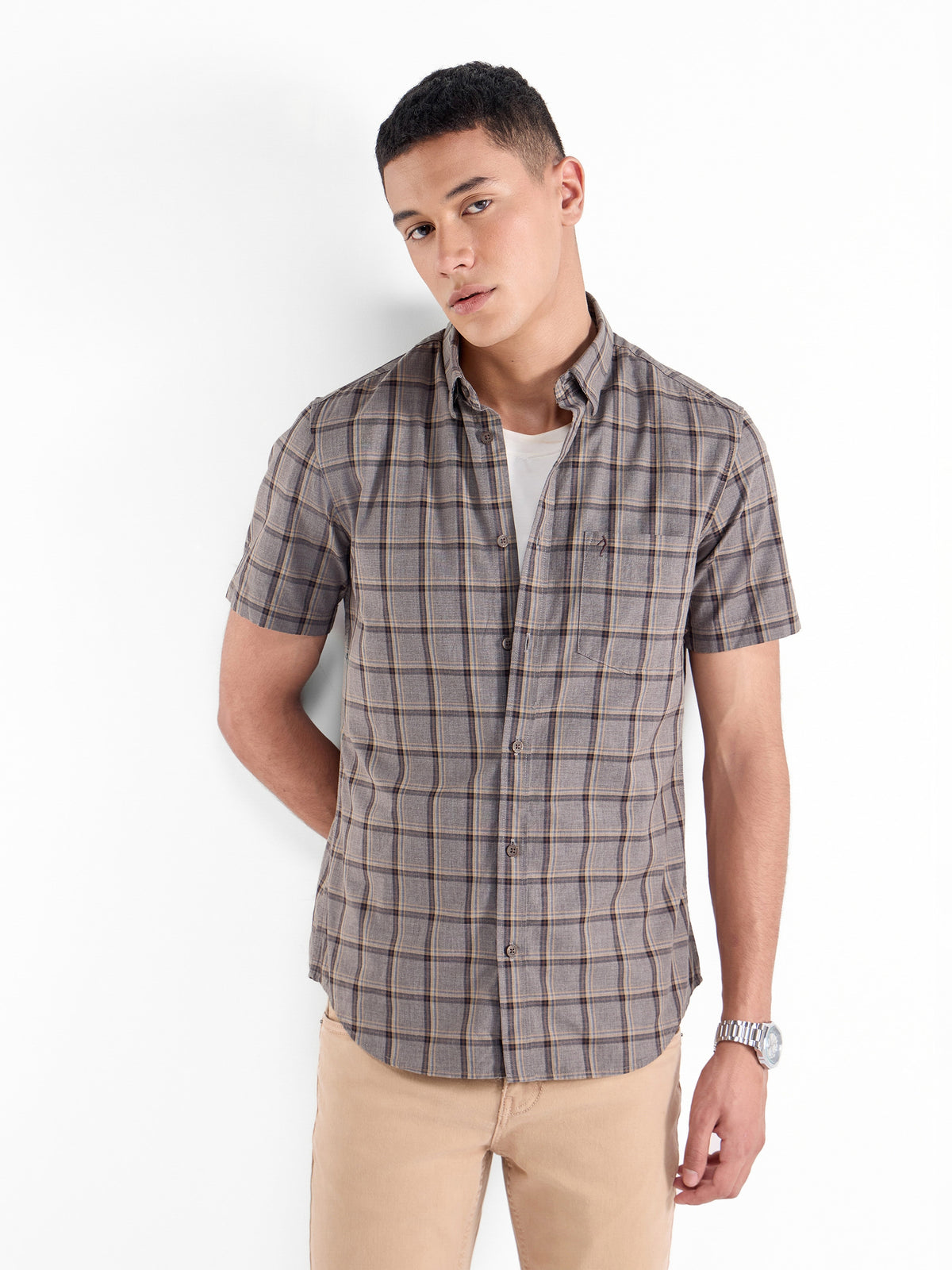Check Half Sleeve Cotton Shirt - Lt Brown M t4option_0