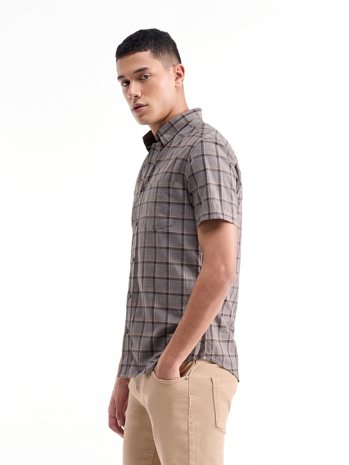 Check Half Sleeve Cotton Shirt - Lt Brown M t4option_0