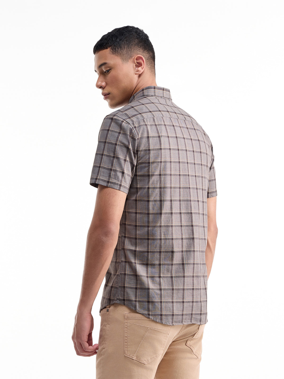 Check Half Sleeve Cotton Shirt - Lt Brown M t4option_0