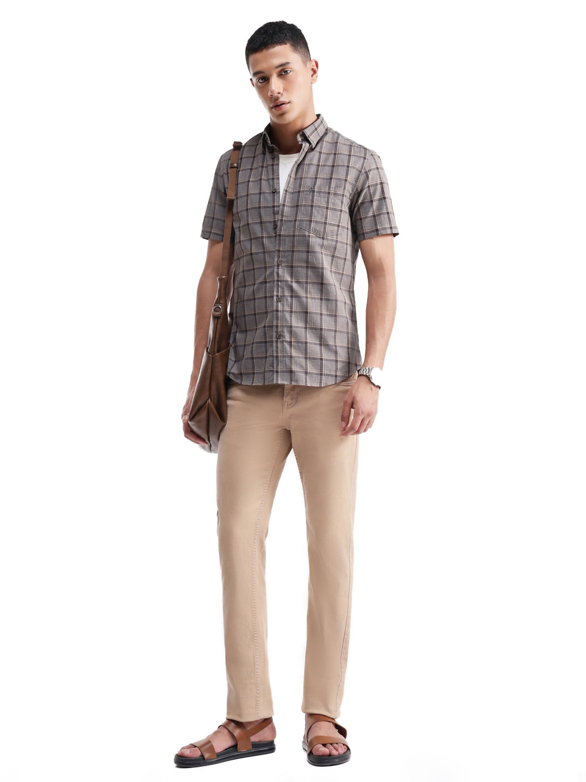 Check Half Sleeve Cotton Shirt - Lt Brown M t4option_0